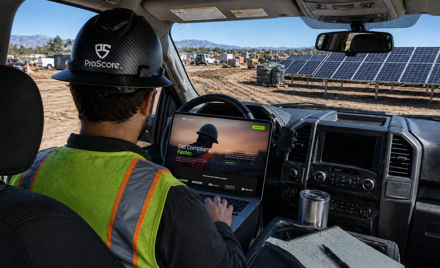 A ProScore field worker in a hi-vis vest reviewing the ProScore compliance dashboard on a tablet in a truck cab, with a solar field visible through the windshield