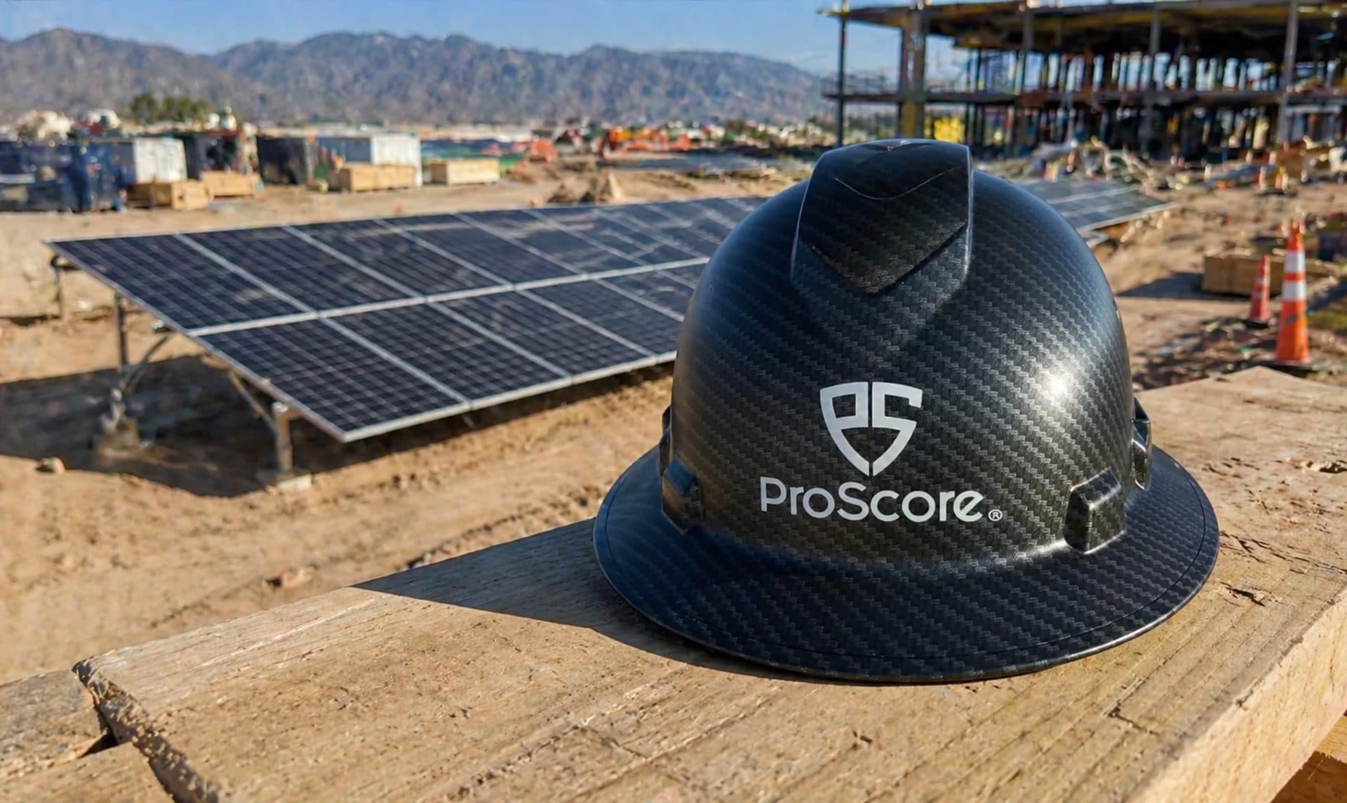 A ProScore hard hat resting on a steel beam with a solar array and active construction site behind it in bright daylight